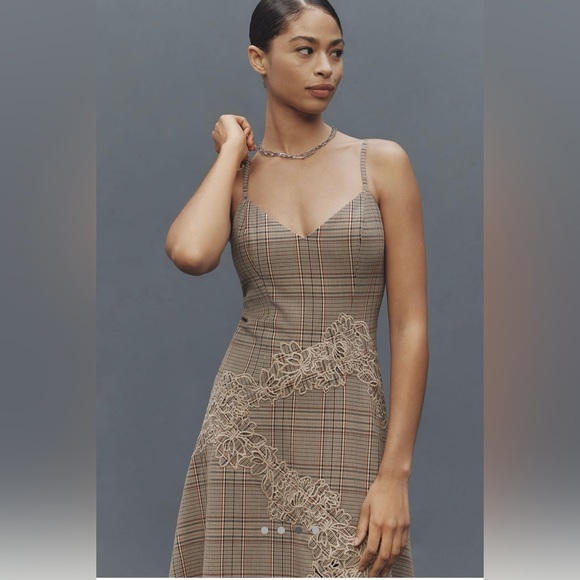 Mare Mare Ruffle Hem Slip Dress Brown Plaid Anthropologie BNWT small - Picture 2 of 9